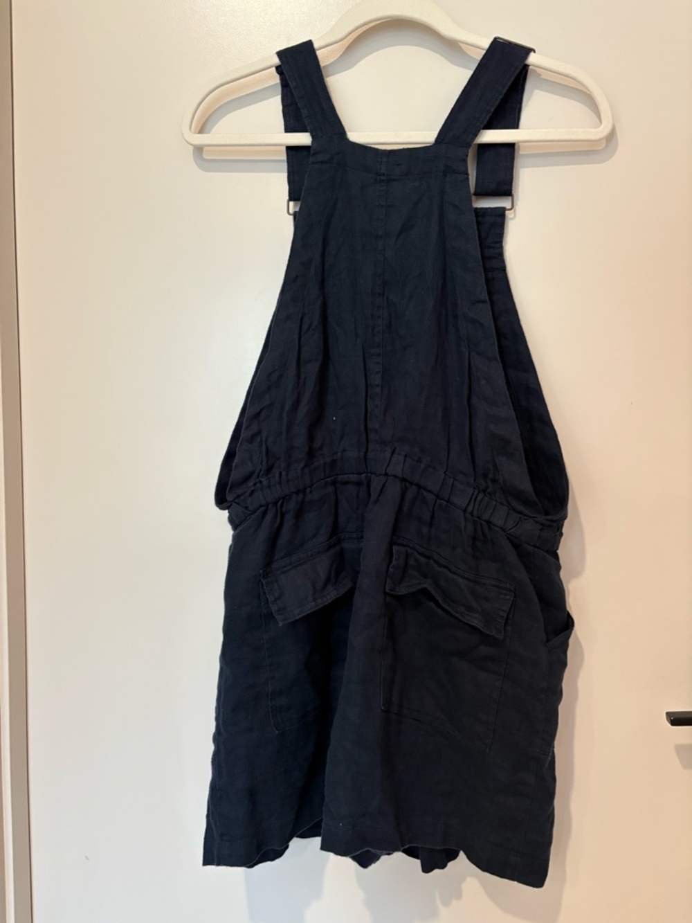 Linen Overall Romper One Piece Adjustable Navy Blue Front Pocket Drawstring M - Picture 7 of 10